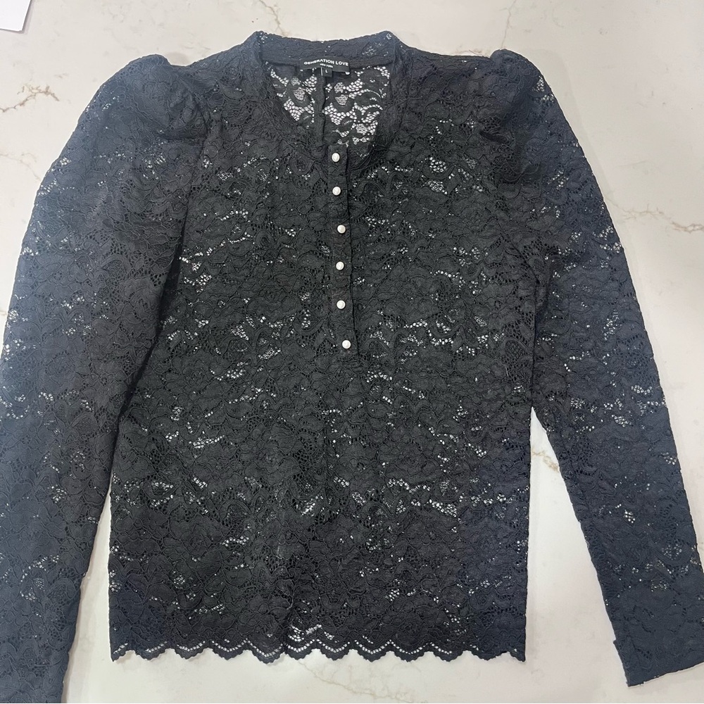 Generation Love Black Lace Blouse Size Large | Pearl Button | Holiday Party Top